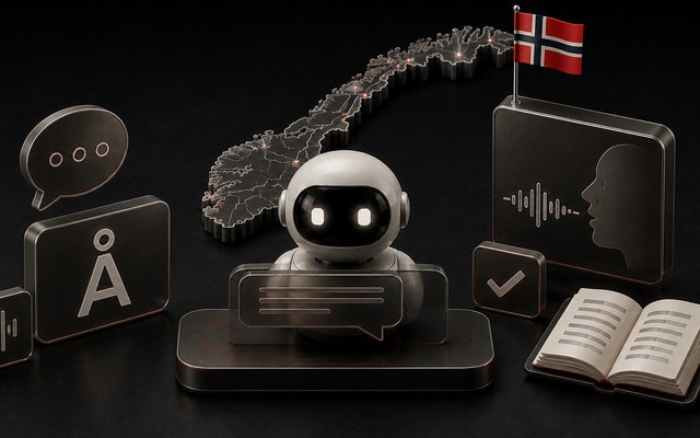 3D-render av en AI-robot med snakkebobler, norsk flagg og en oppsl&aring;tt bok