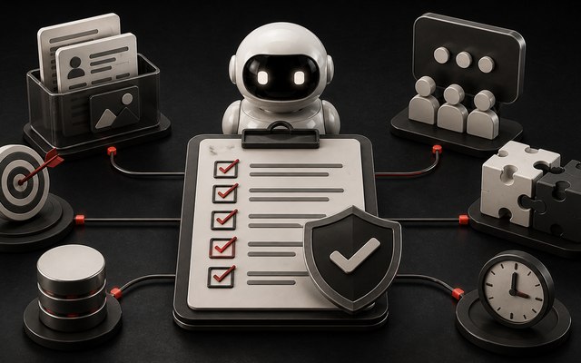 3D-render av en AI-robot ved siden av en sjekkliste, filer, puslespillbrikker og en klokke