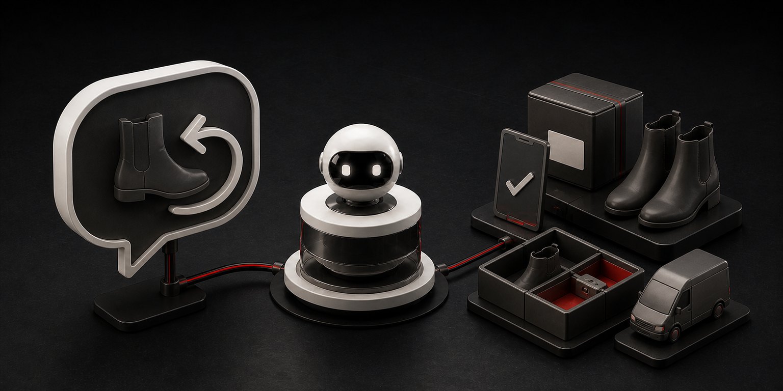 3D-render av en AI-robot som h&aring;ndterer en retur, med en st&oslash;vel, en pakke og en lagerhylle