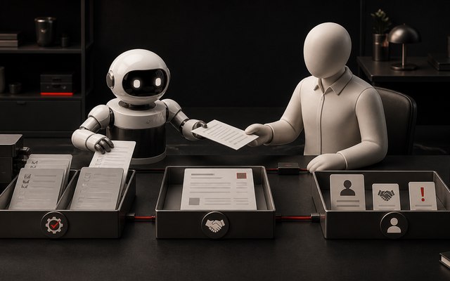 3D-render av en AI-robot som rekker et dokument til en person over et skrivebord med sorterte skuffer