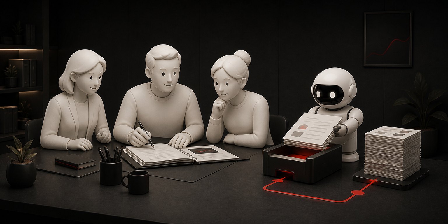 3D-render av et team rundt et bord mens en AI-robot tar papirarbeidet