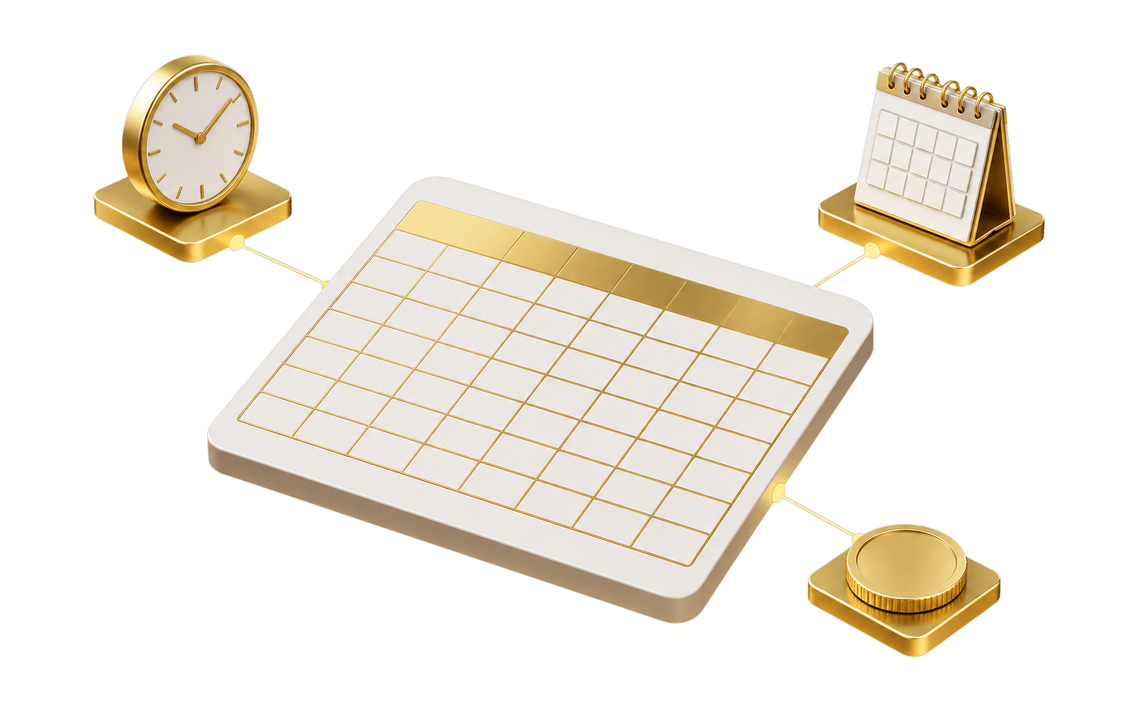 Hvitt og gyllent regneark koblet til en klokke, en kalender og en kostnadsmarkør