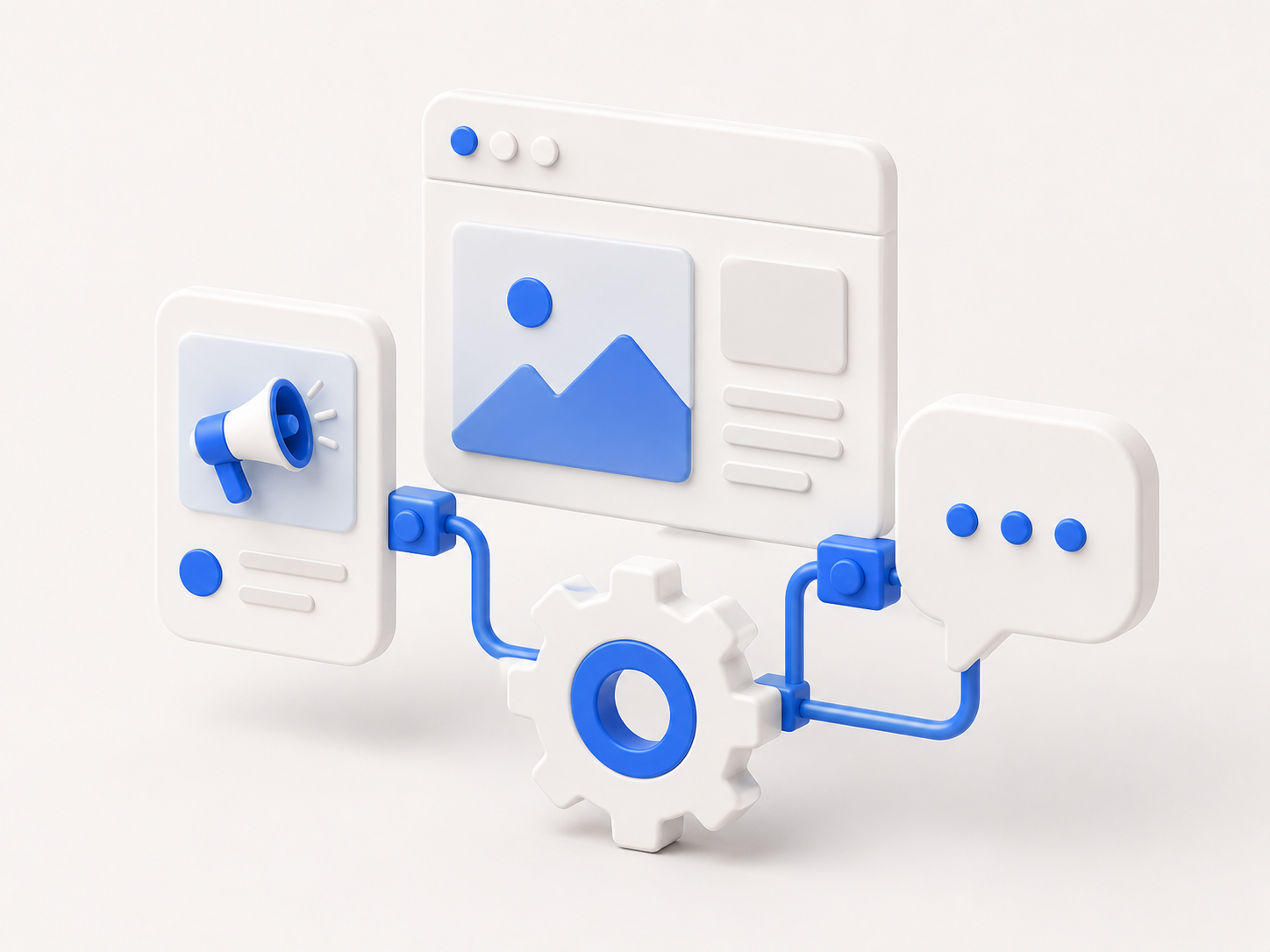 Connected building blocks: ads, website, chat and settings forming one system
